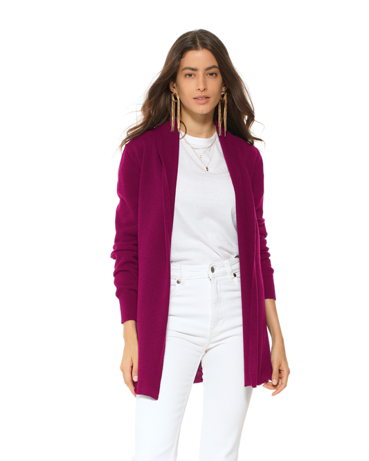 Women's Pure Cashmere Long Open Front Cardigan Magenta