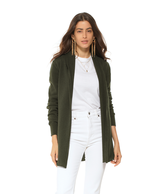 Women's Pure Cashmere Long Open Front Cardigan Olive Green