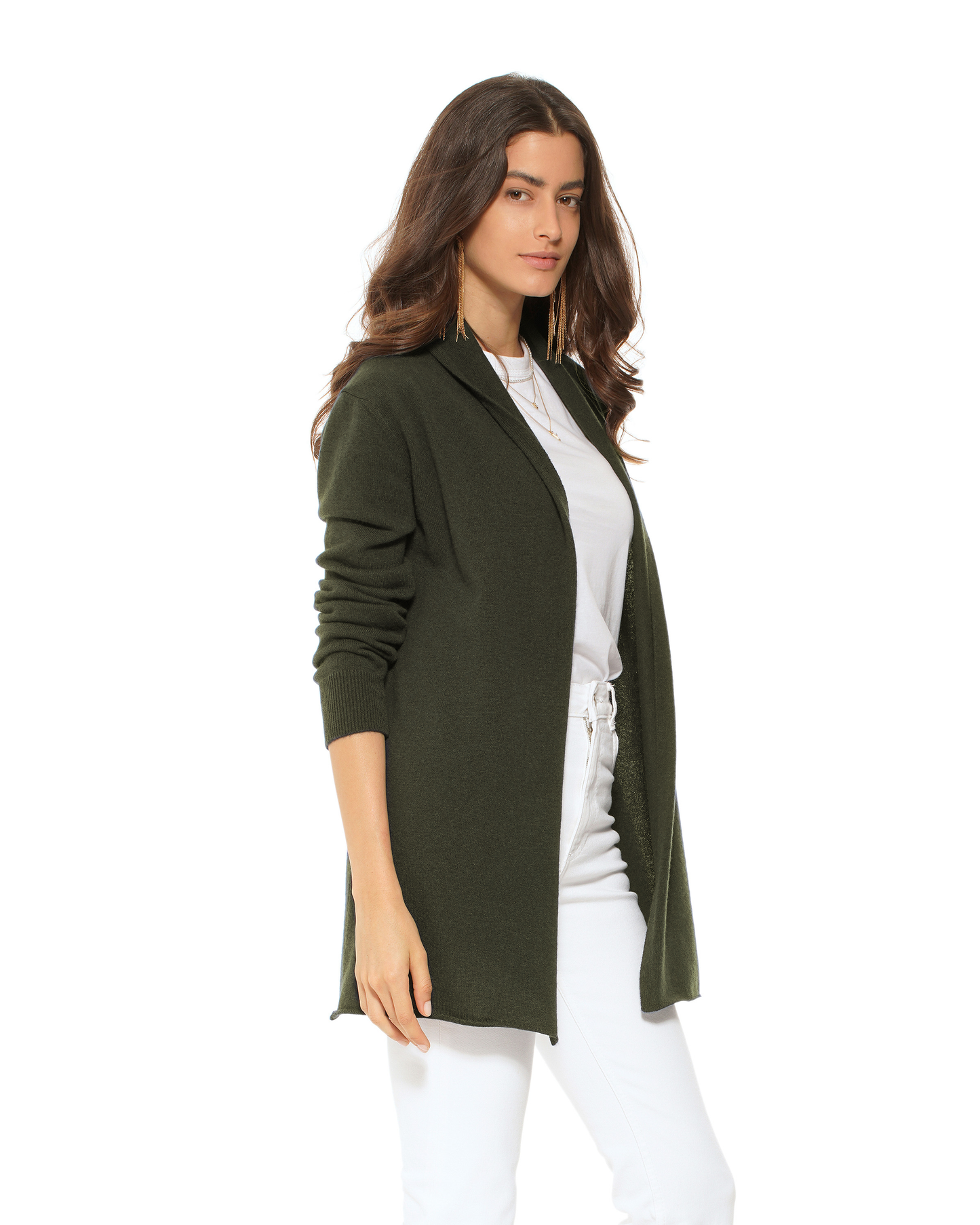 Women's Pure Cashmere Long Open Front Cardigan Olive Green