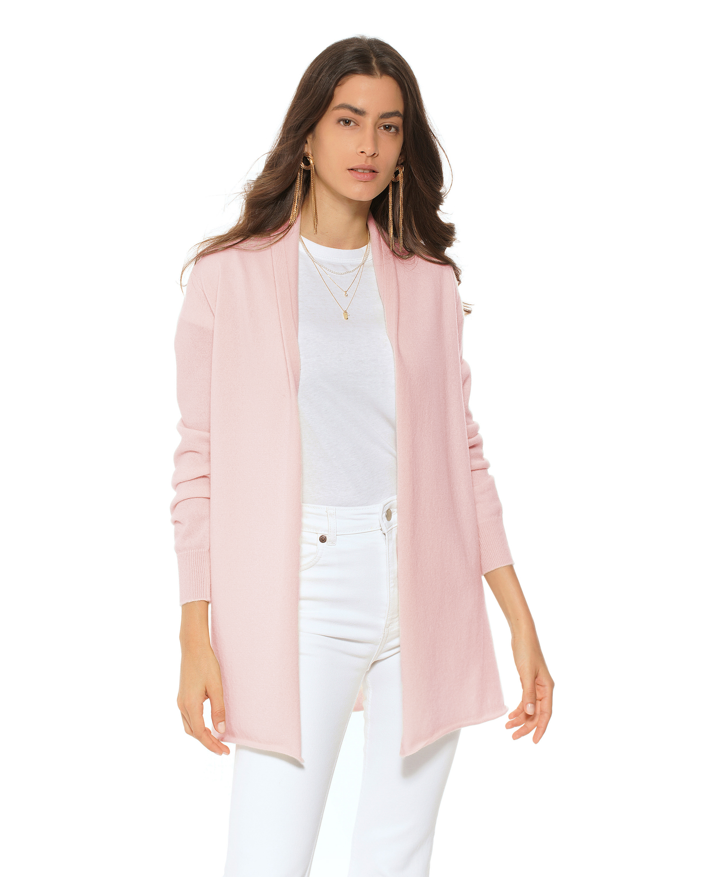Women's Pure Cashmere Long Open Front Cardigan Old Rose