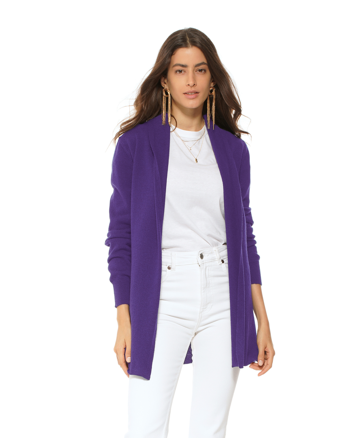 Women's Pure Cashmere Long Open Front Cardigan Iris Purple