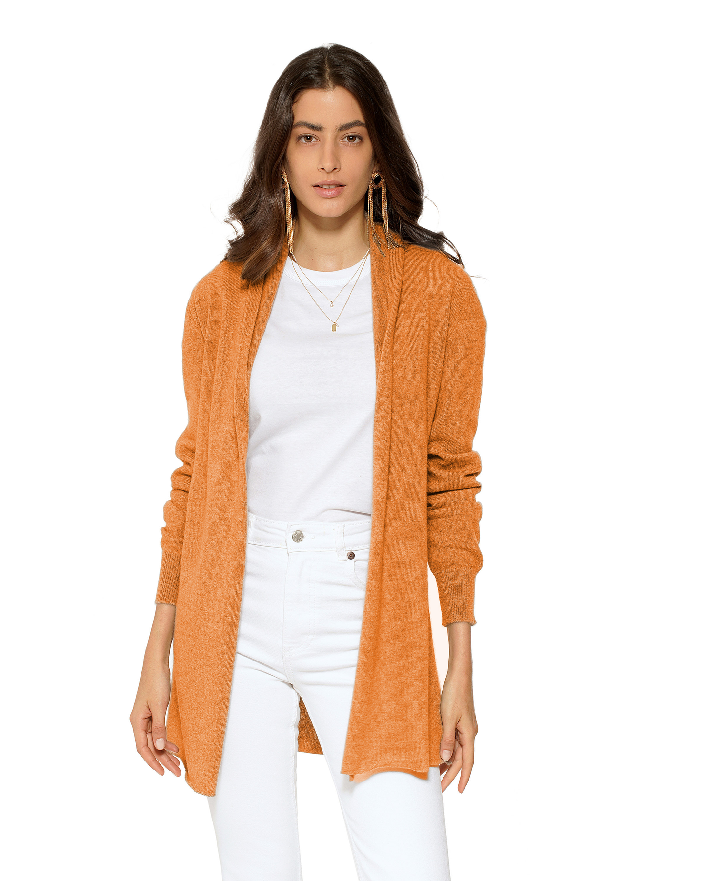 Women's Pure Cashmere Long Open Front Cardigan Saffron
