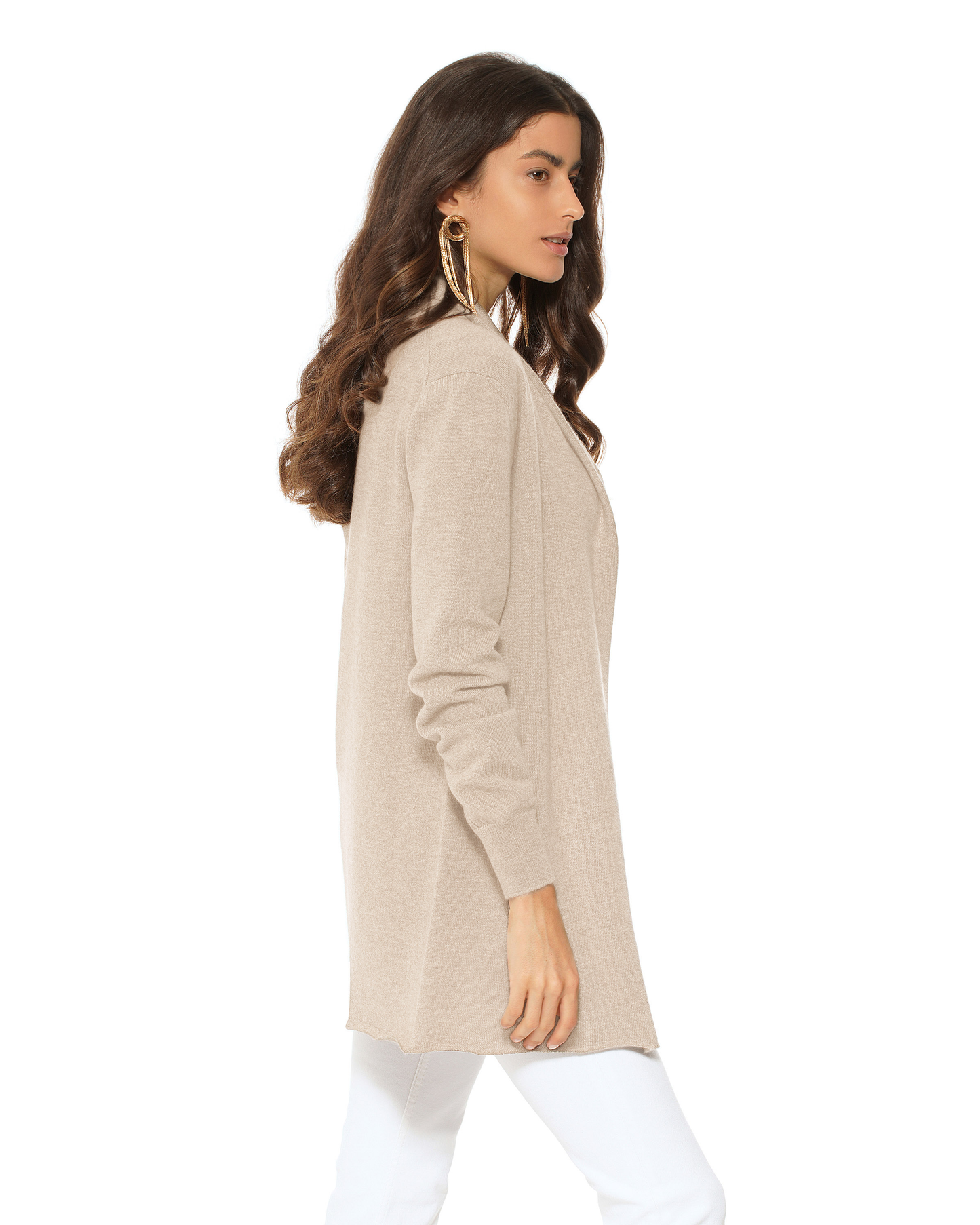 Women's Pure Cashmere Long Open Front Cardigan Beige