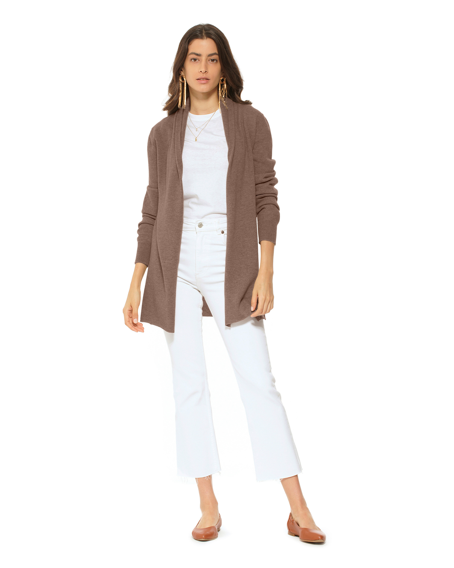 Women's Pure Cashmere Long Open Front Cardigan Brown