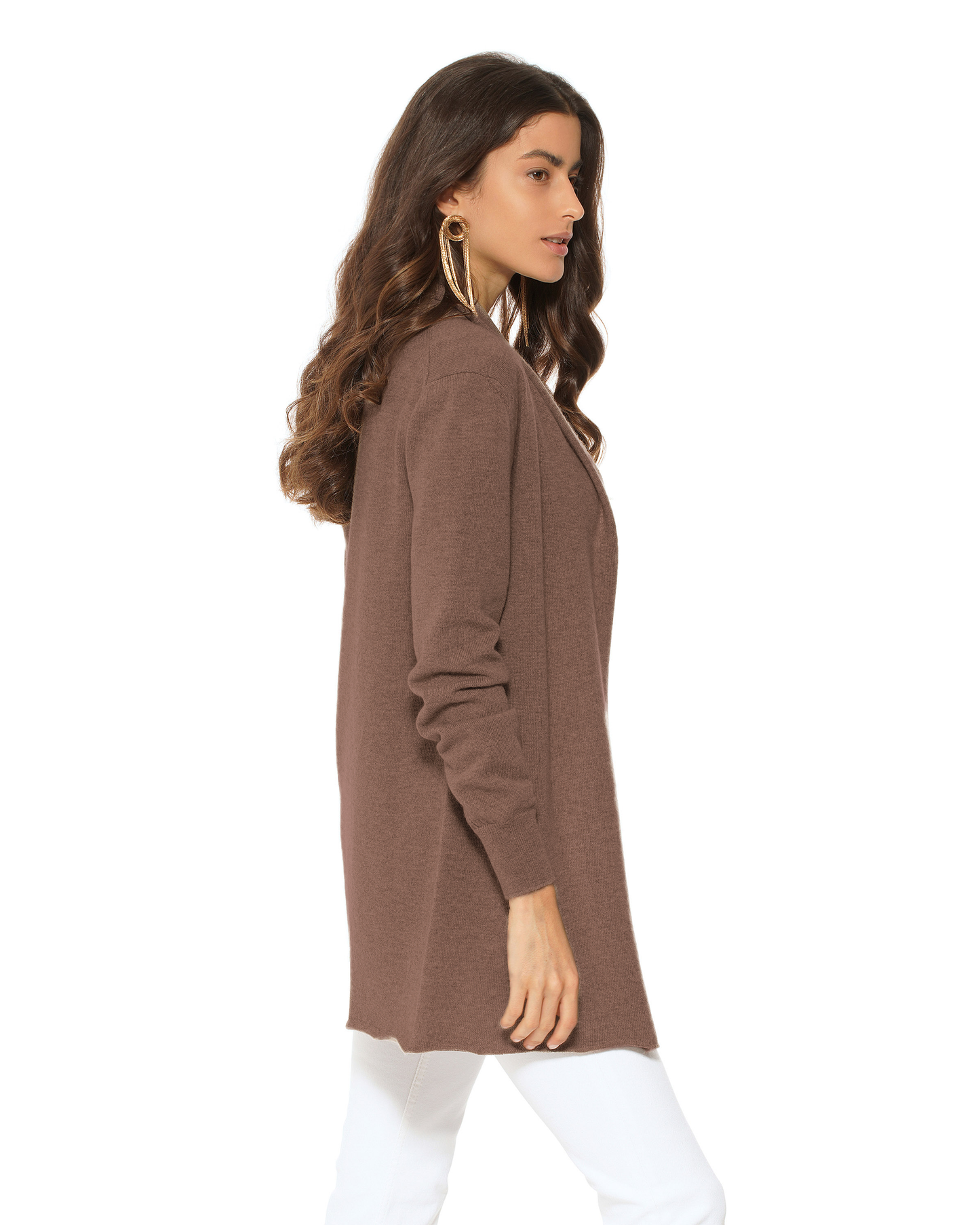 Women's Pure Cashmere Long Open Front Cardigan Brown