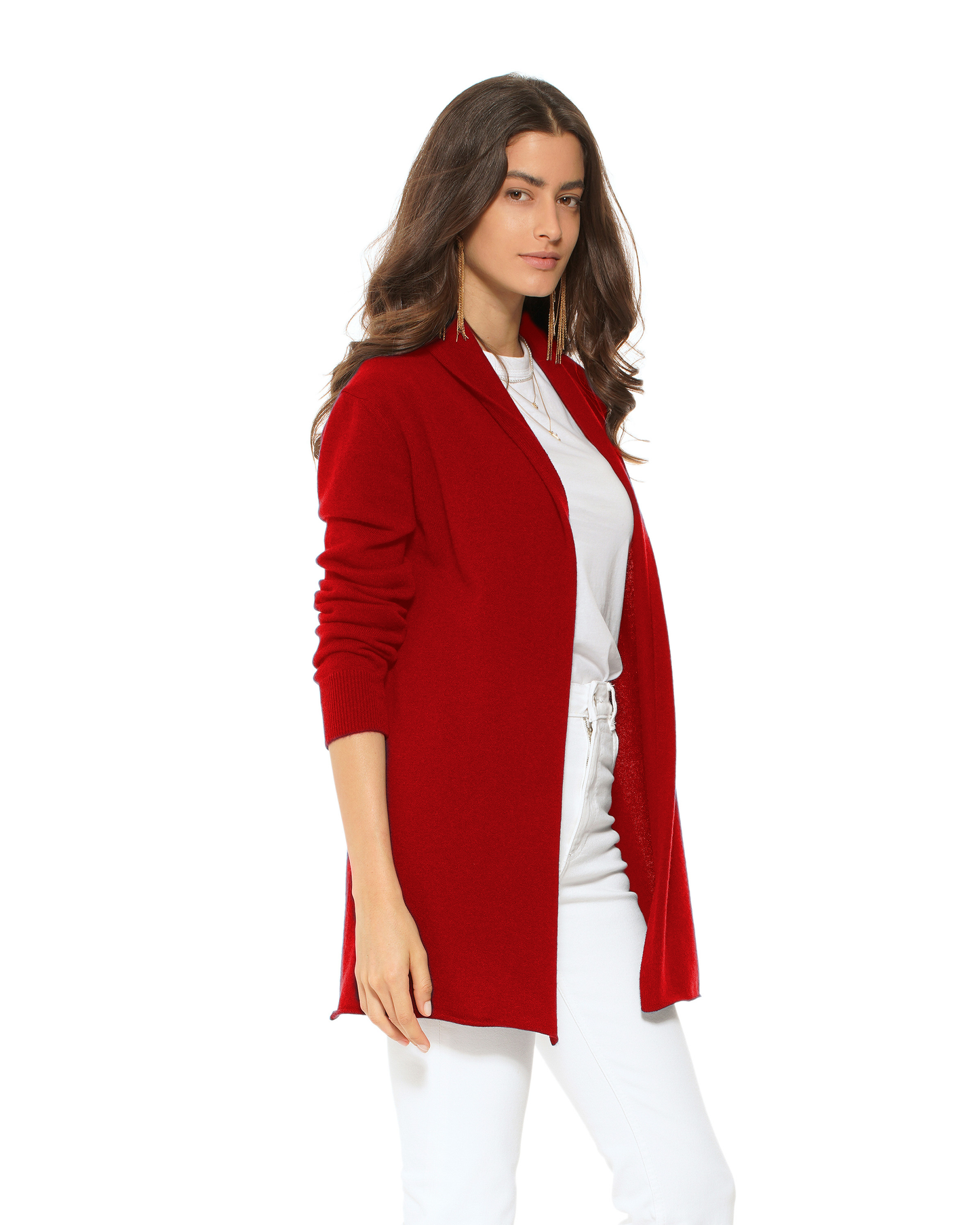Women's Pure Cashmere Long Open Front Cardigan Red