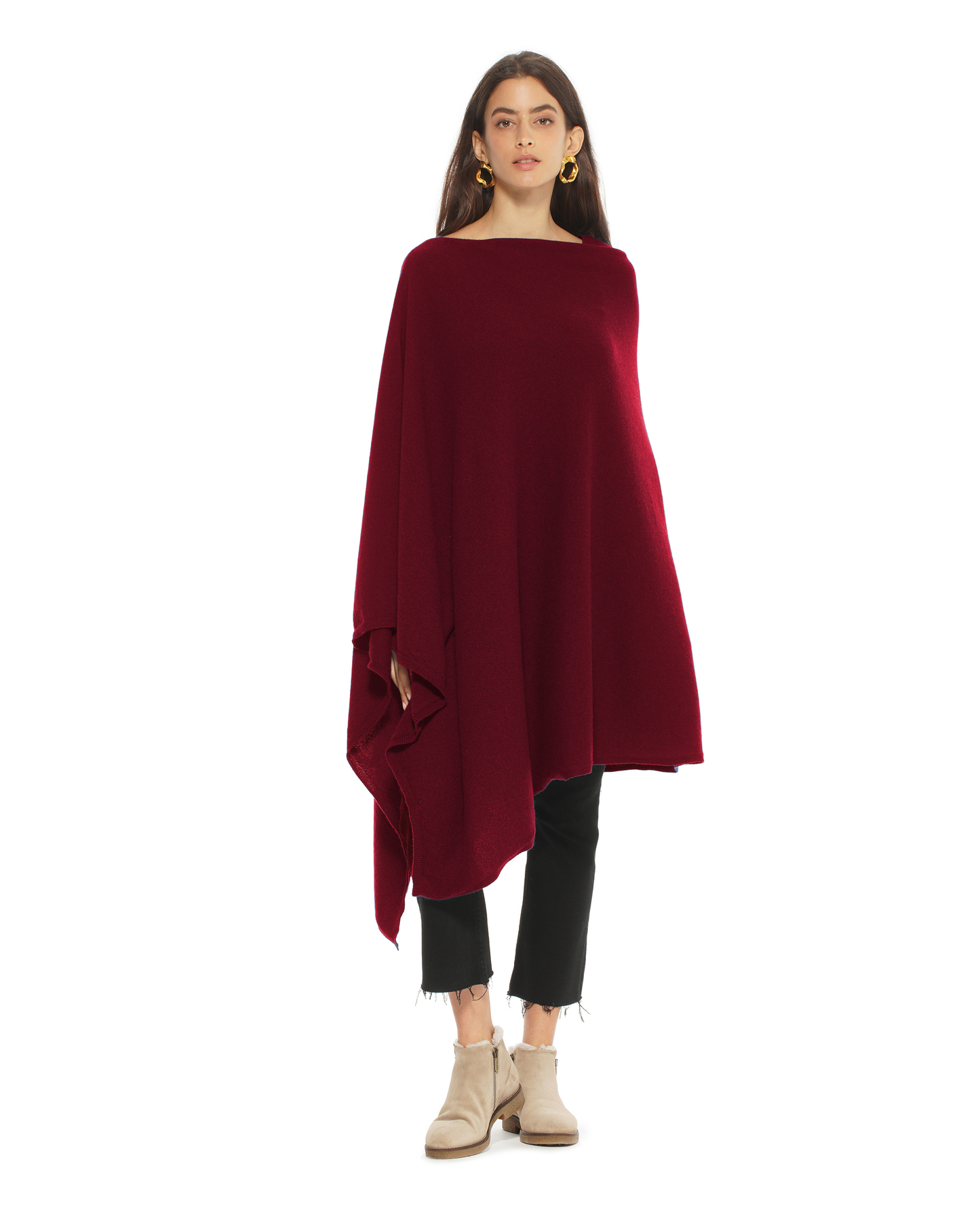 Women's Pure Cashmere Long Poncho Bordeaux
