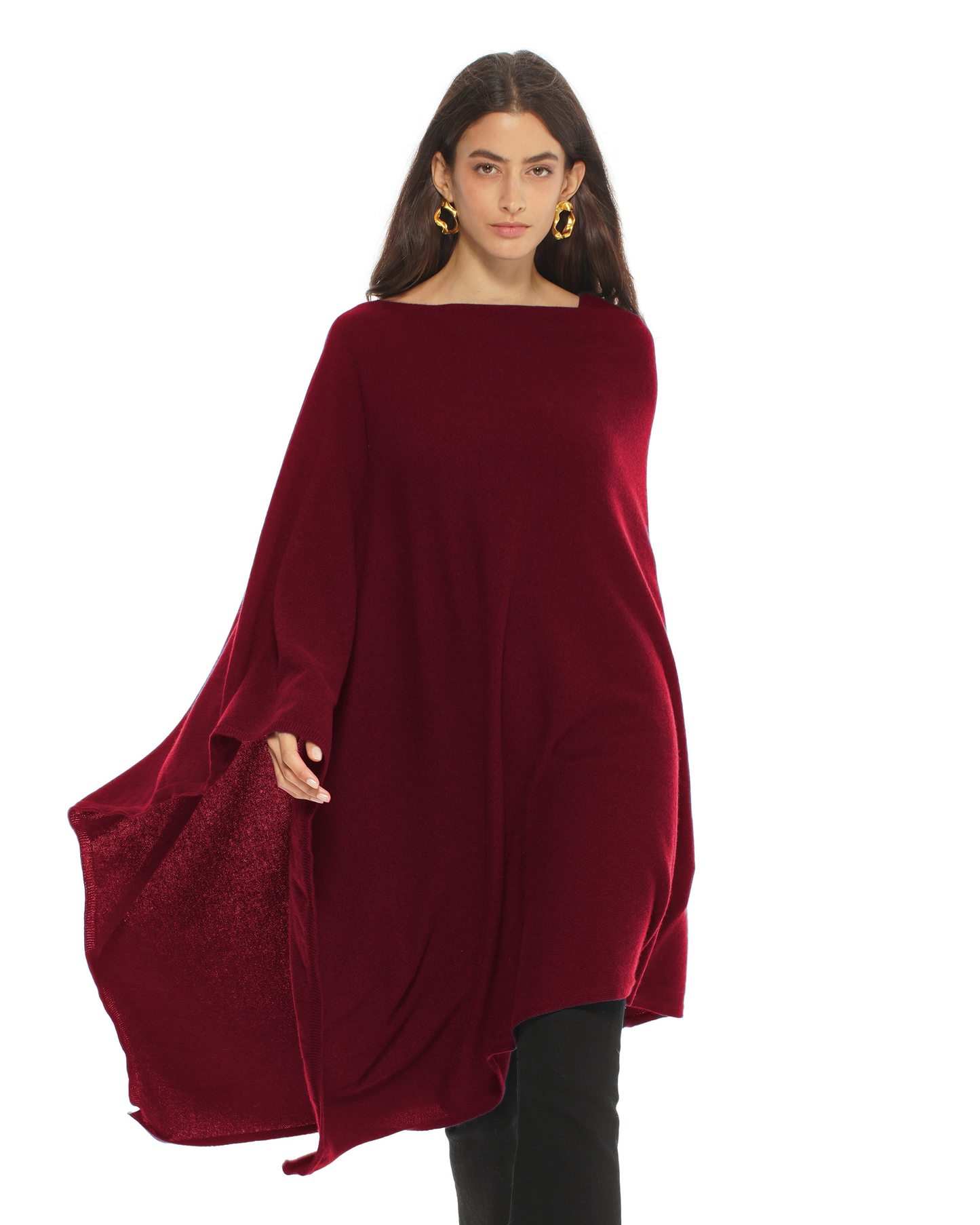 Women's Pure Cashmere Long Poncho Bordeaux