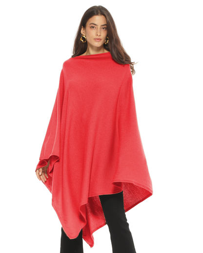 Women's Pure Cashmere Long Poncho Coral Red