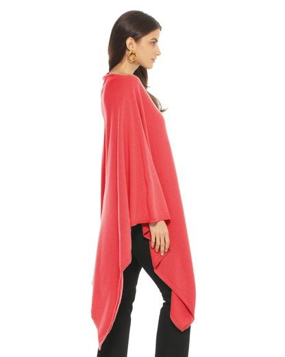 Women's Pure Cashmere Long Poncho Coral Red