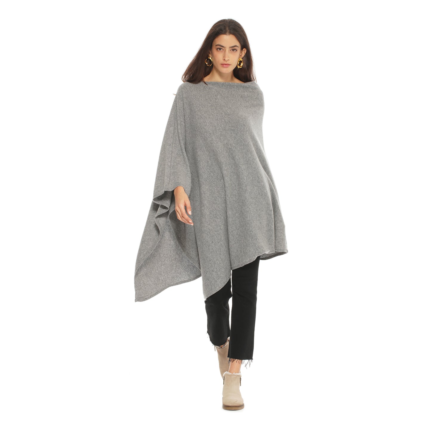 Women's Pure Cashmere Long Poncho Melange Grey