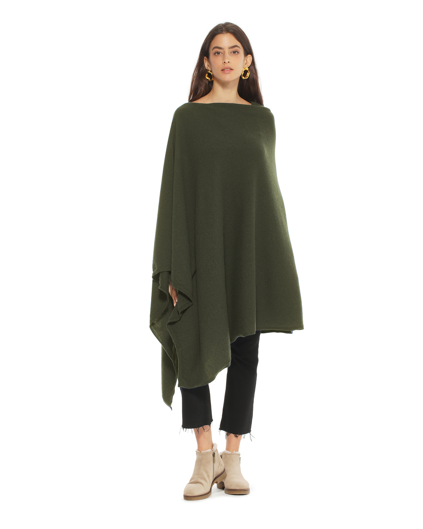 Women's Pure Cashmere Long Poncho Olive Green