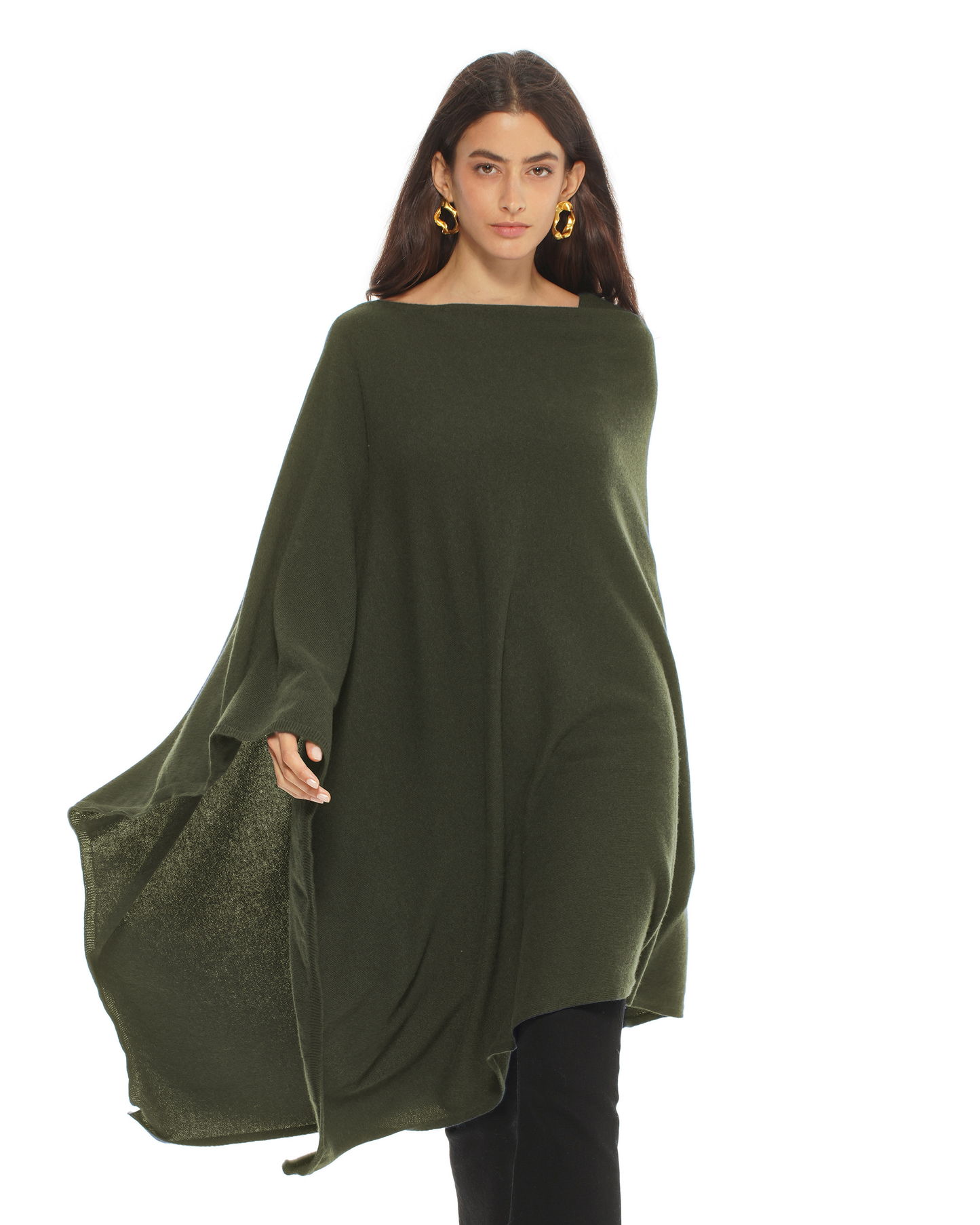 Women's Pure Cashmere Long Poncho Olive Green