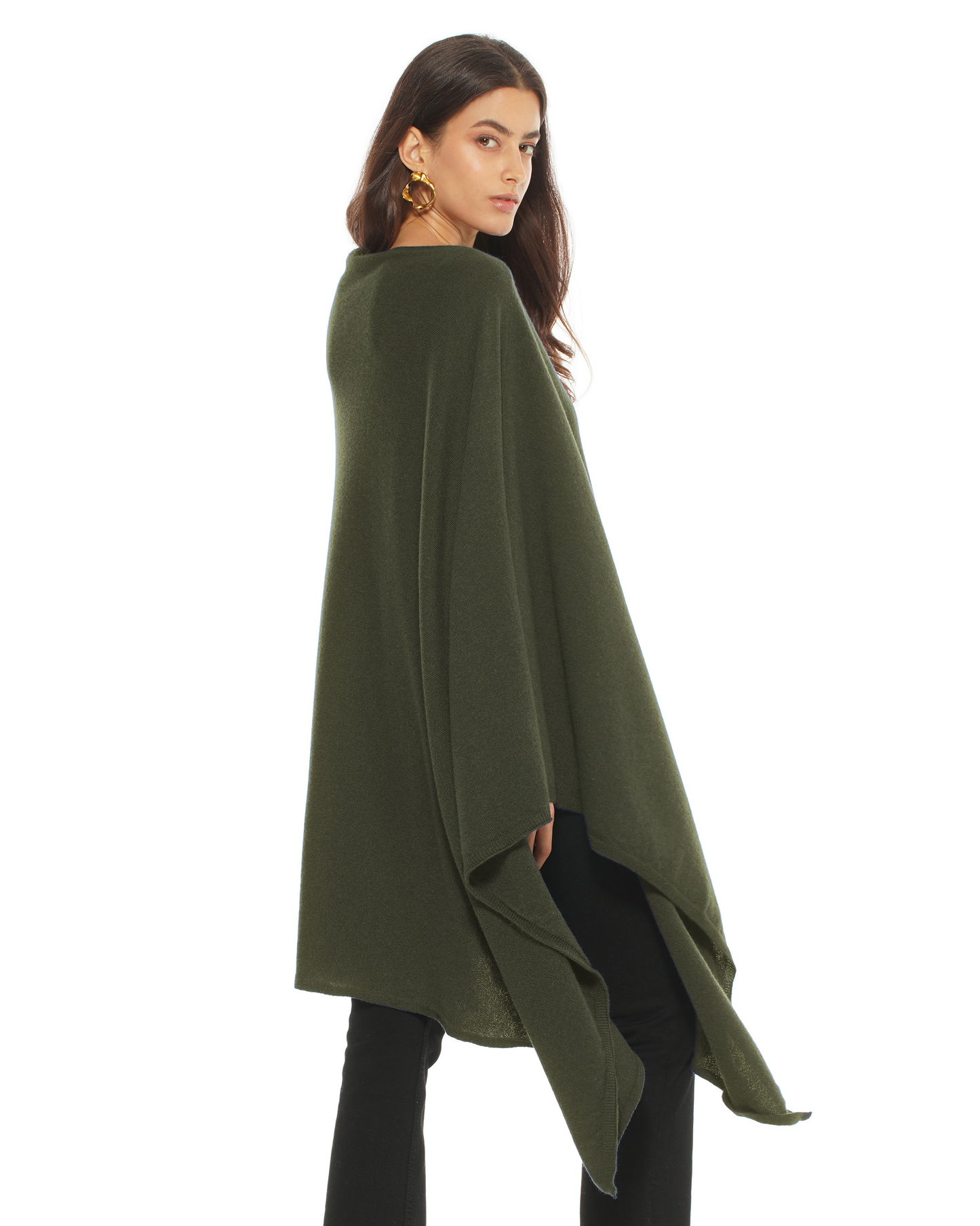 Women's Pure Cashmere Long Poncho Olive Green