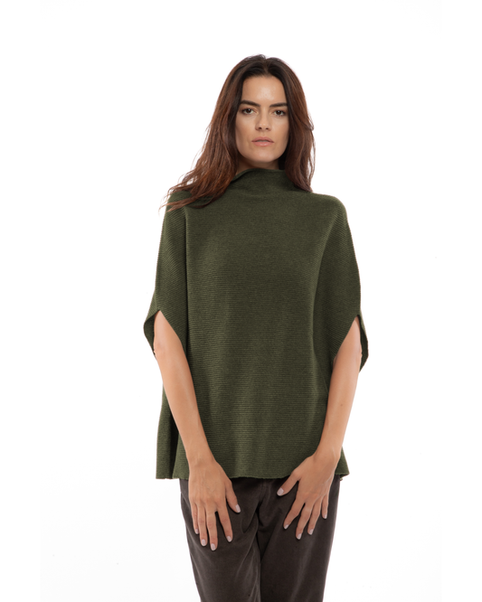 Women's Pure Cashmere Funnel Neck Poncho Olive Green