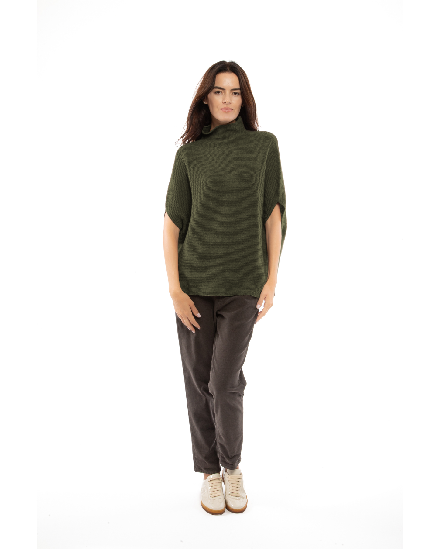Women's Pure Cashmere Funnel Neck Poncho Olive Green