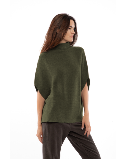 Women's Pure Cashmere Funnel Neck Poncho Olive Green