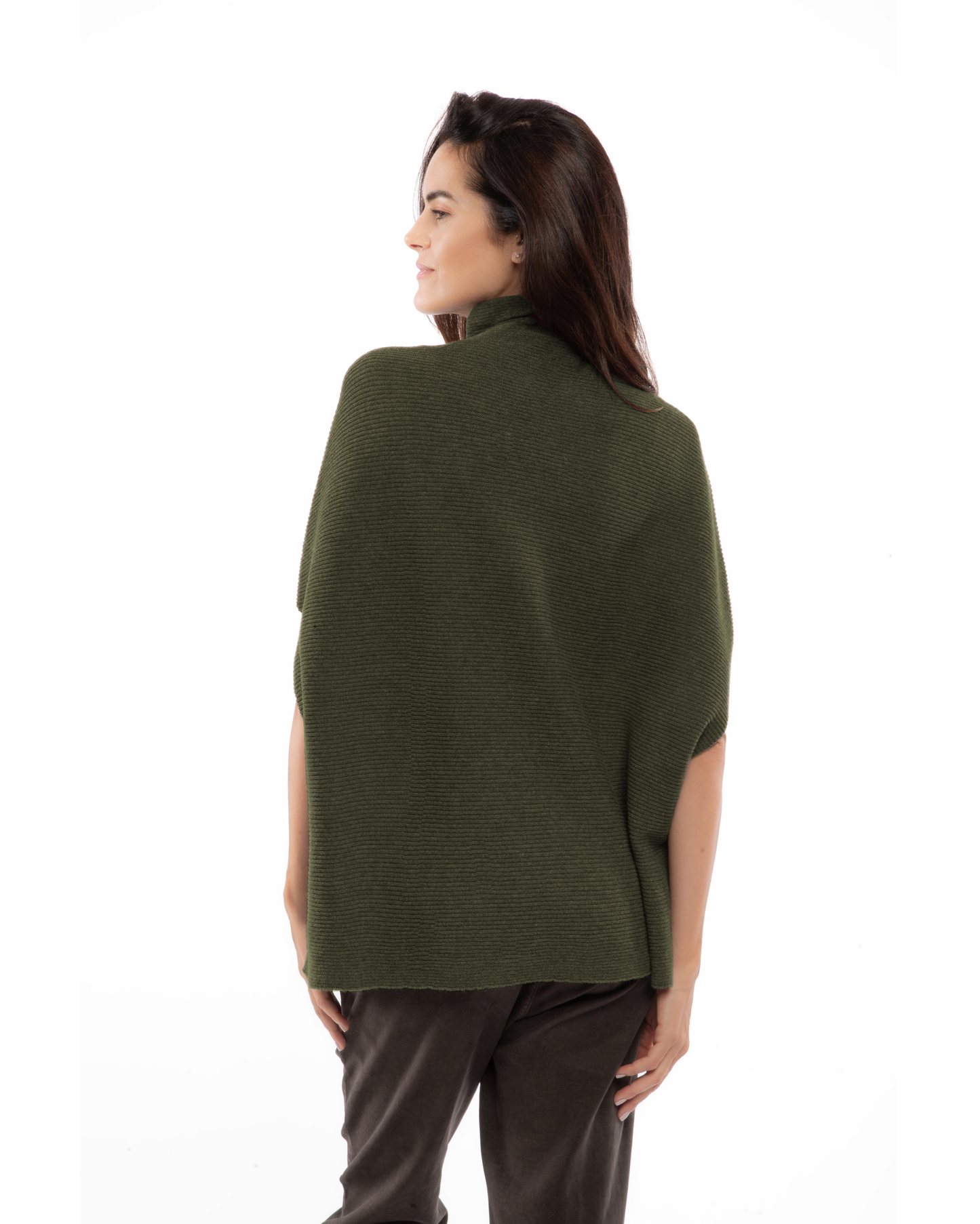 Women's Pure Cashmere Funnel Neck Poncho Olive Green