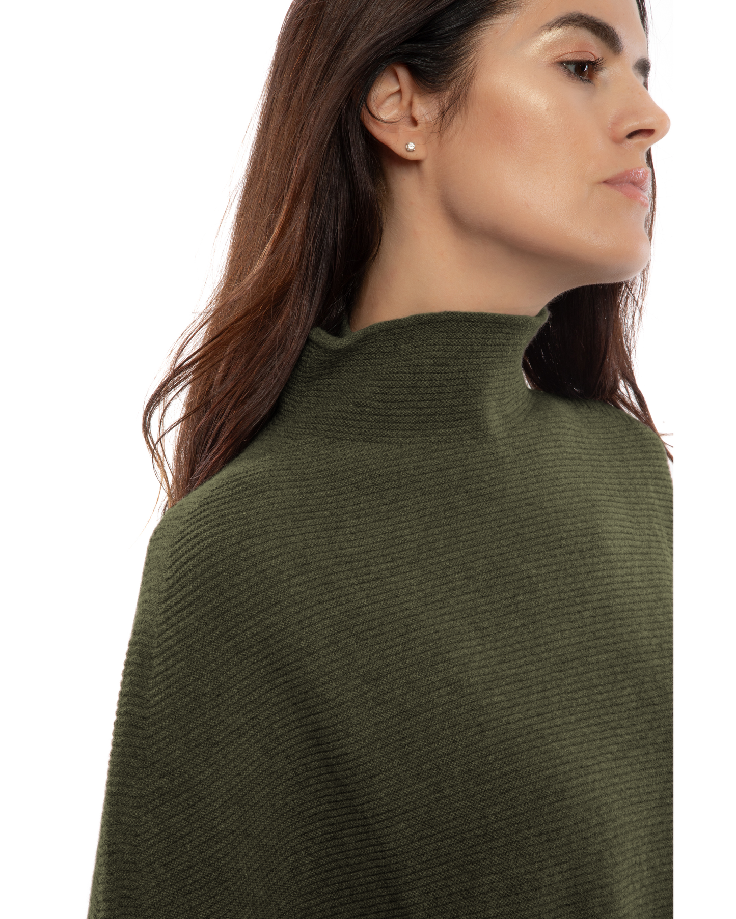 Women's Pure Cashmere Funnel Neck Poncho Olive Green