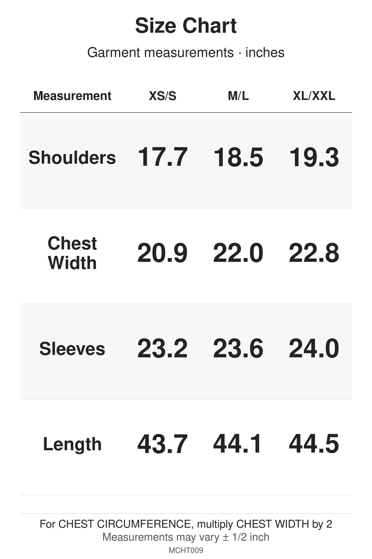 MCHT009 size chart: garment measurements for XS/S, M/L, XL/XXL, in inches.