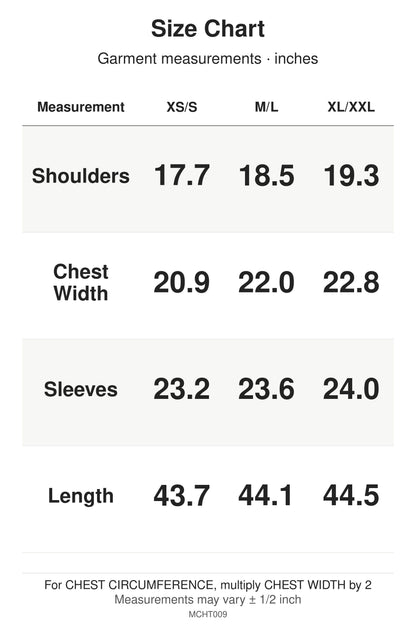 MCHT009 size chart: garment measurements for XS/S, M/L, XL/XXL, in inches.