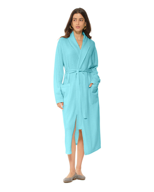 Women's Pure Cashmere Knit Robe Cyan
