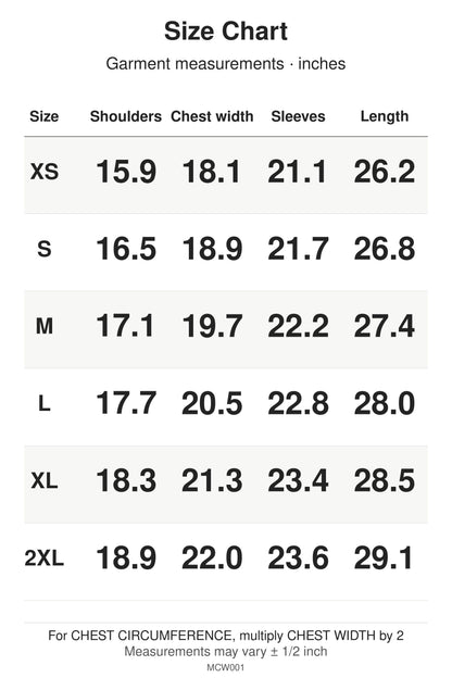 MCW001 size chart: garment measurements for XS, S, M, L, XL, 2XL, in inches.