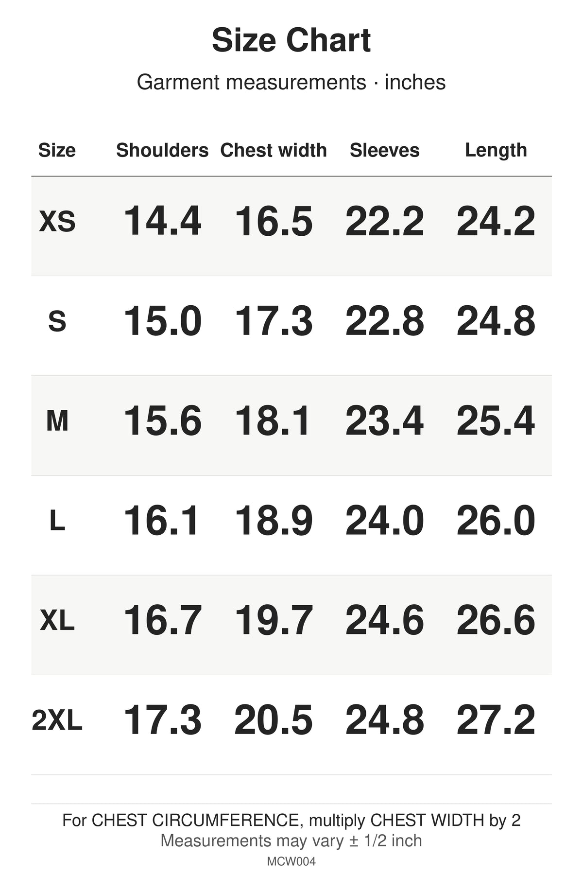 MCW004 size chart: garment measurements for XS, S, M, L, XL, 2XL, in inches.