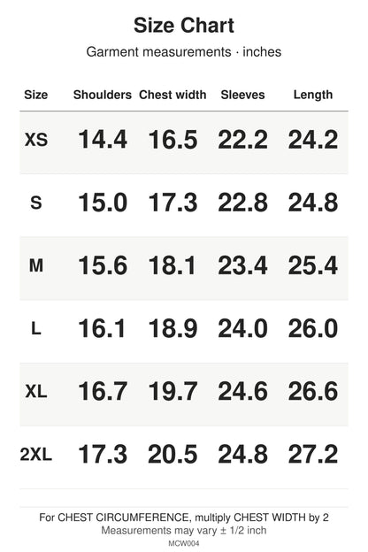 MCW004 size chart: garment measurements for XS, S, M, L, XL, 2XL, in inches.