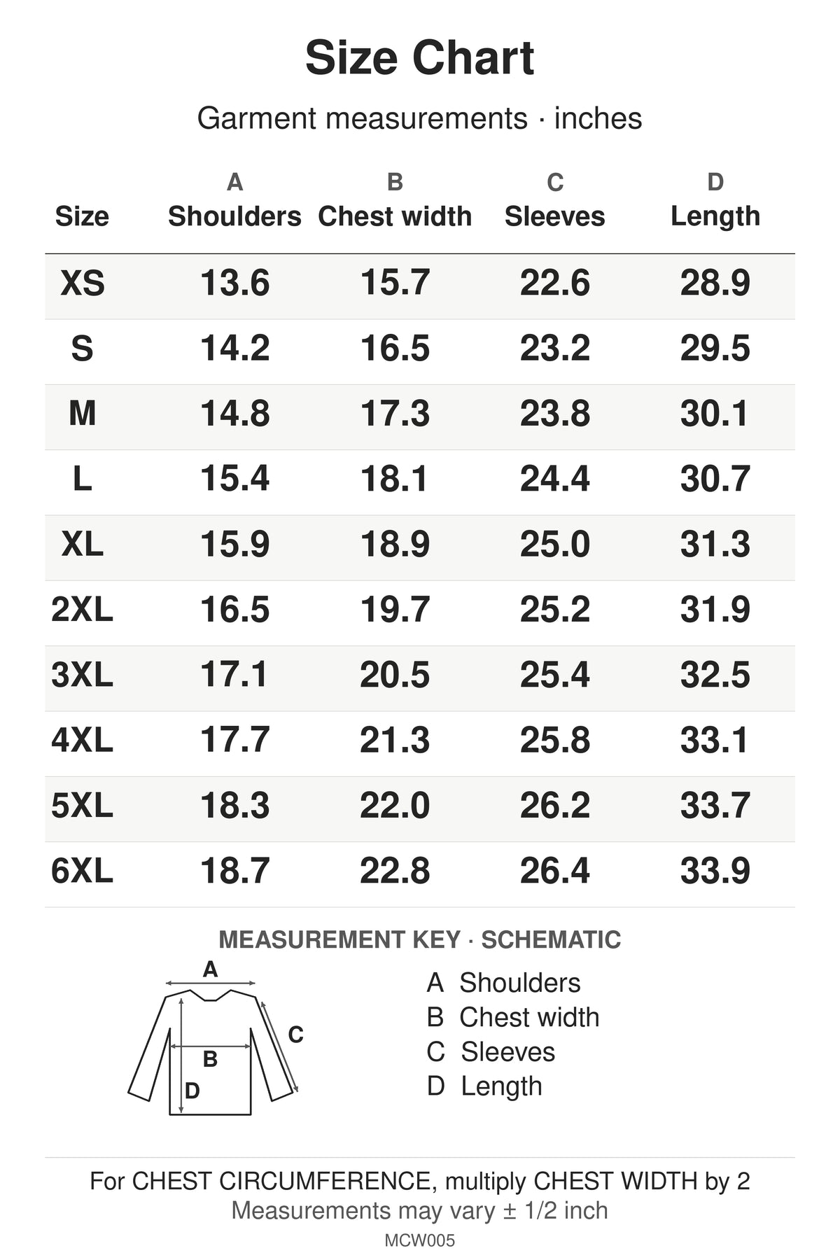 MCW005 size chart: garment shoulders, chest width, sleeves and length for XS–6XL, in inches.