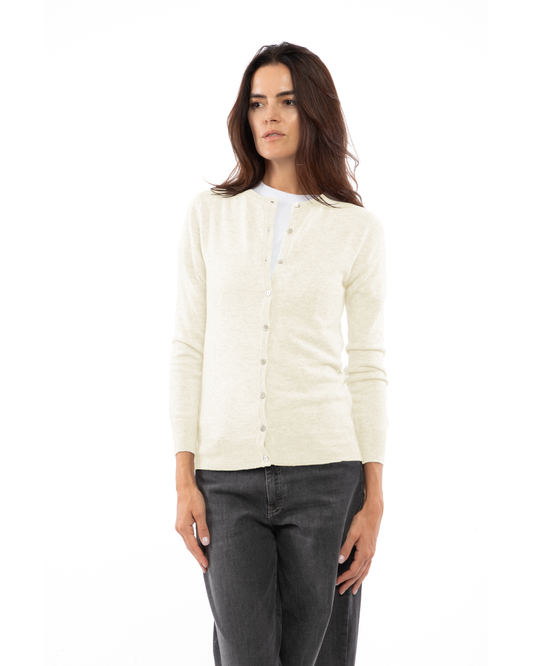 Milk White cashmere crewneck cardigan, front view on a model