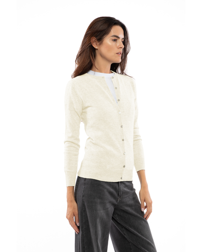 Milk White cashmere crewneck cardigan, three-quarter front view on a model