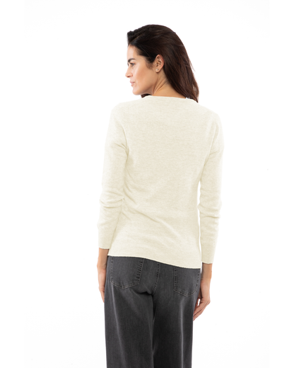 Milk White cashmere crewneck cardigan, rear three-quarter view on a model