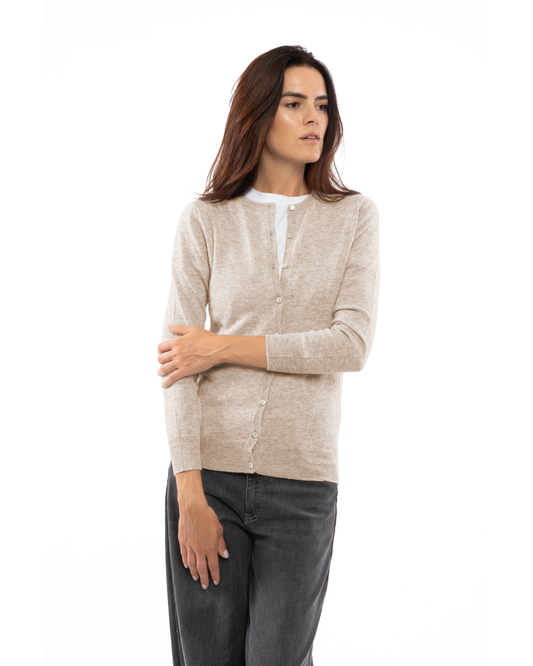 Beige cashmere crewneck cardigan, front view on a model