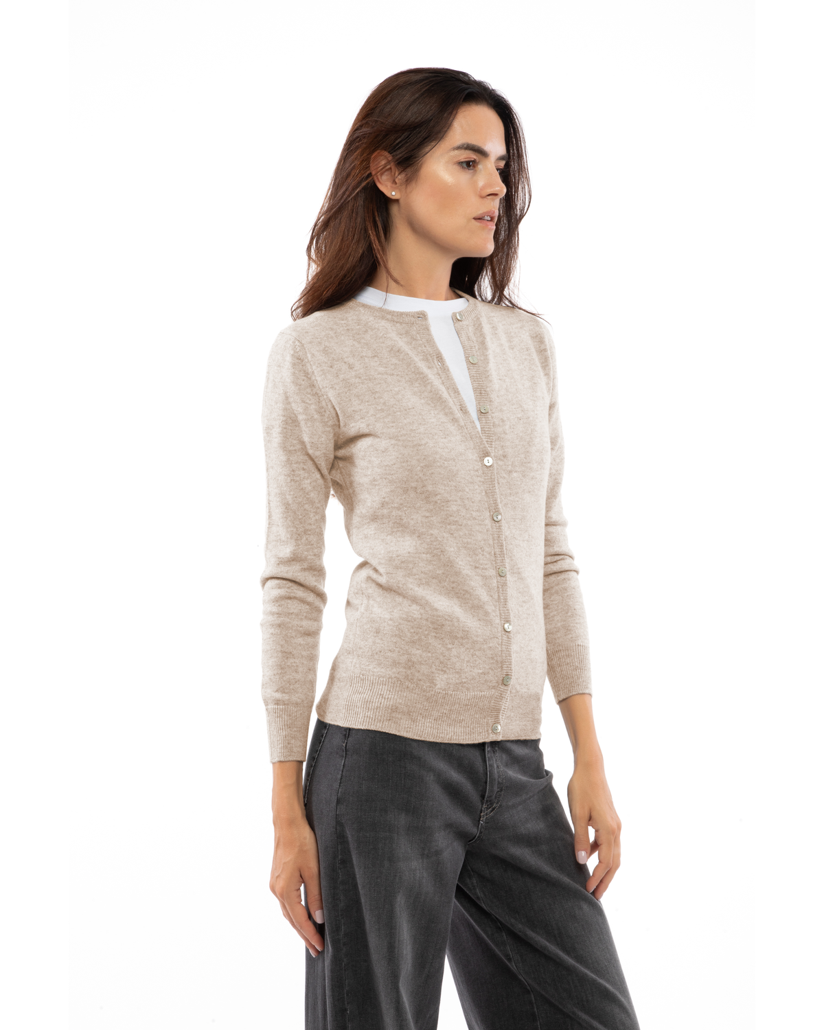 Beige cashmere crewneck cardigan, three-quarter front view on a model
