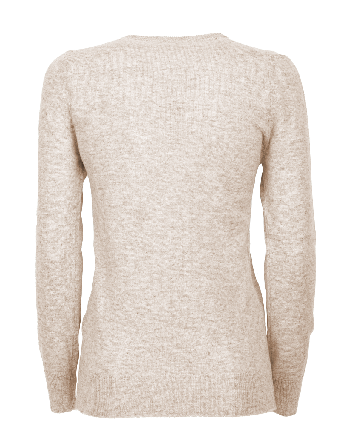 Beige cashmere crewneck cardigan, back view showing the long sleeves and ribbed hem