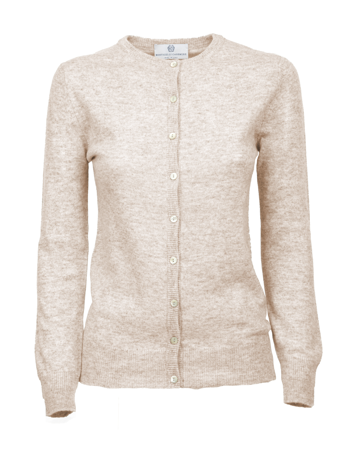 Beige cashmere crewneck cardigan, front view showing the button closure and long sleeves