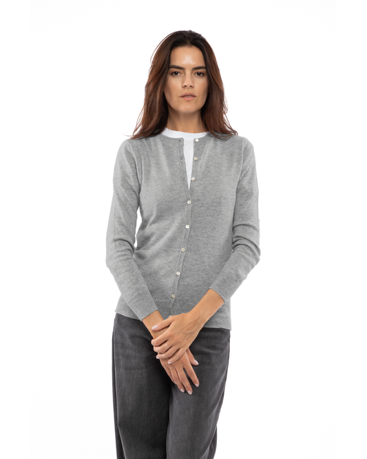 Medium Gray cashmere crewneck cardigan, front view on a model