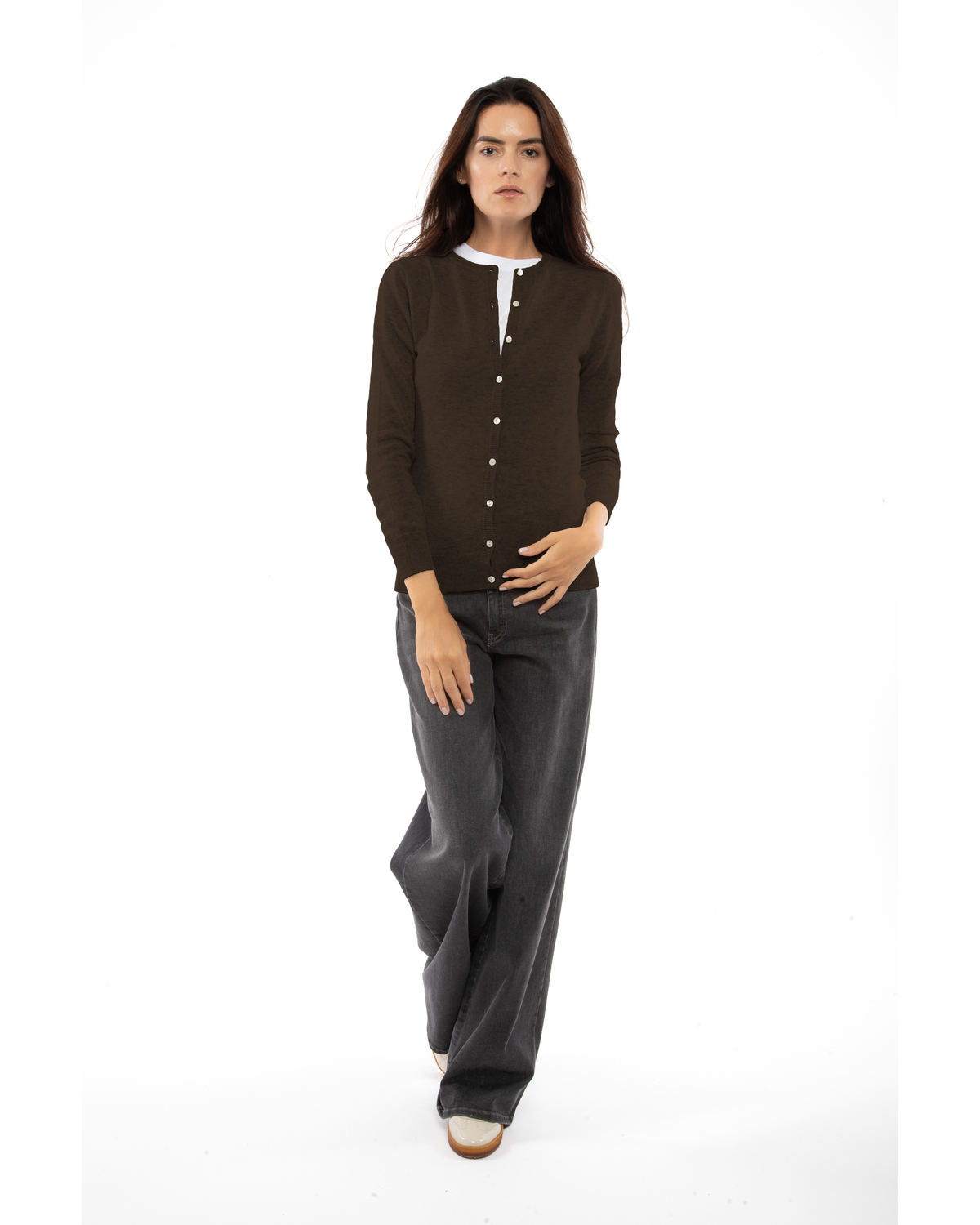 Coffee cashmere crewneck cardigan, full-length front view styled with dark trousers