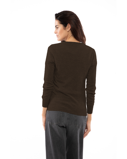 Coffee cashmere crewneck cardigan, rear three-quarter view on a model