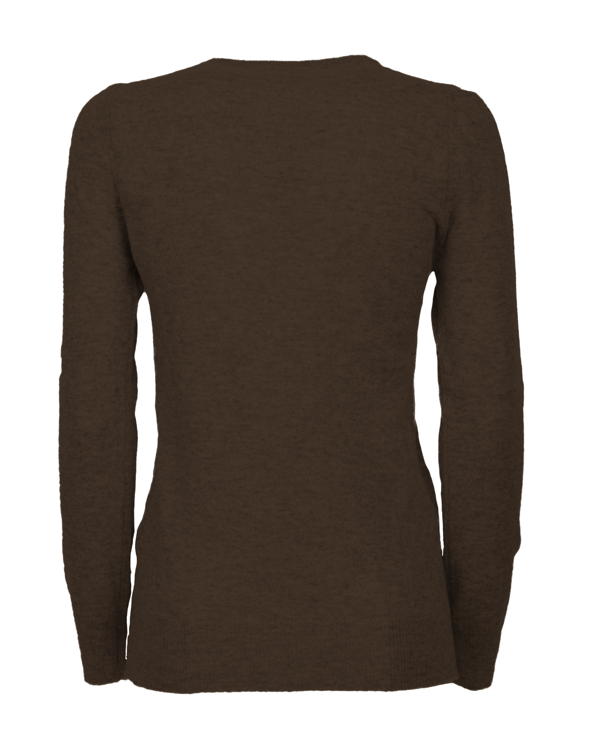 Coffee cashmere crewneck cardigan, back view showing the long sleeves and ribbed hem
