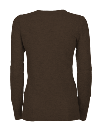 Coffee cashmere crewneck cardigan, back view showing the long sleeves and ribbed hem