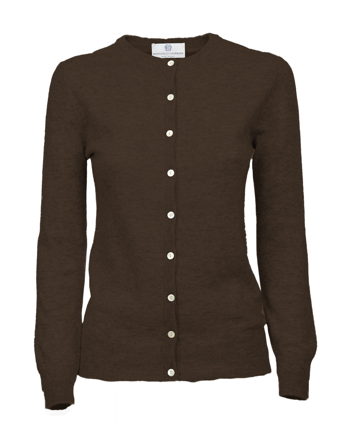 Coffee cashmere crewneck cardigan, front view showing the button closure and long sleeves