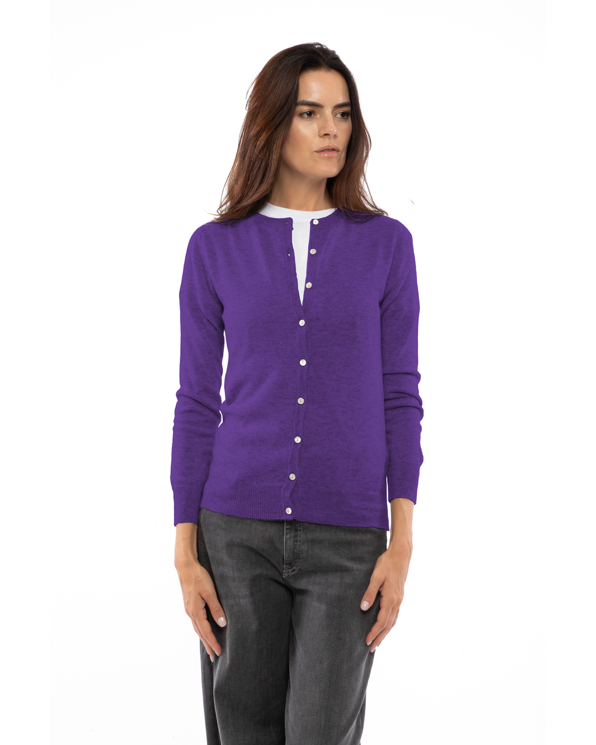 Iris Purple cashmere crewneck cardigan, front view on a model