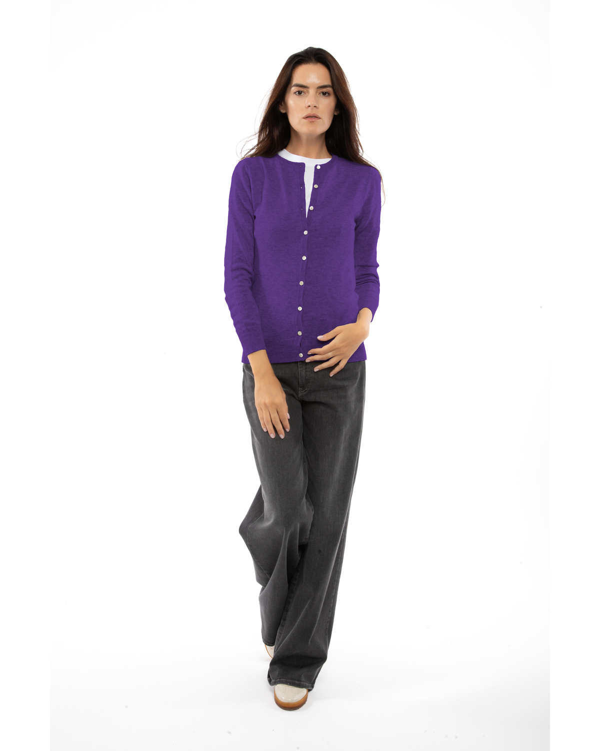 Iris Purple cashmere crewneck cardigan, full-length front view styled with dark trousers