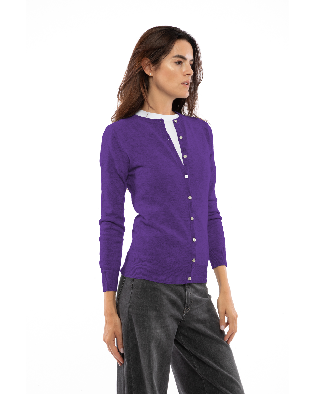 Iris Purple cashmere crewneck cardigan, three-quarter front view on a model