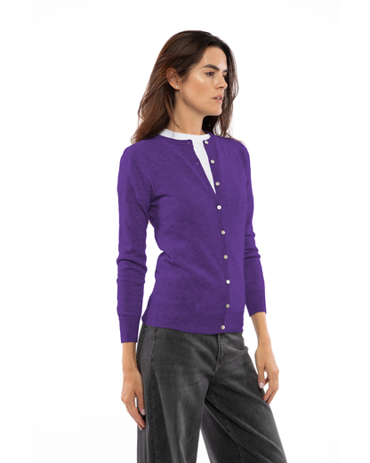 Iris Purple cashmere crewneck cardigan, three-quarter front view on a model
