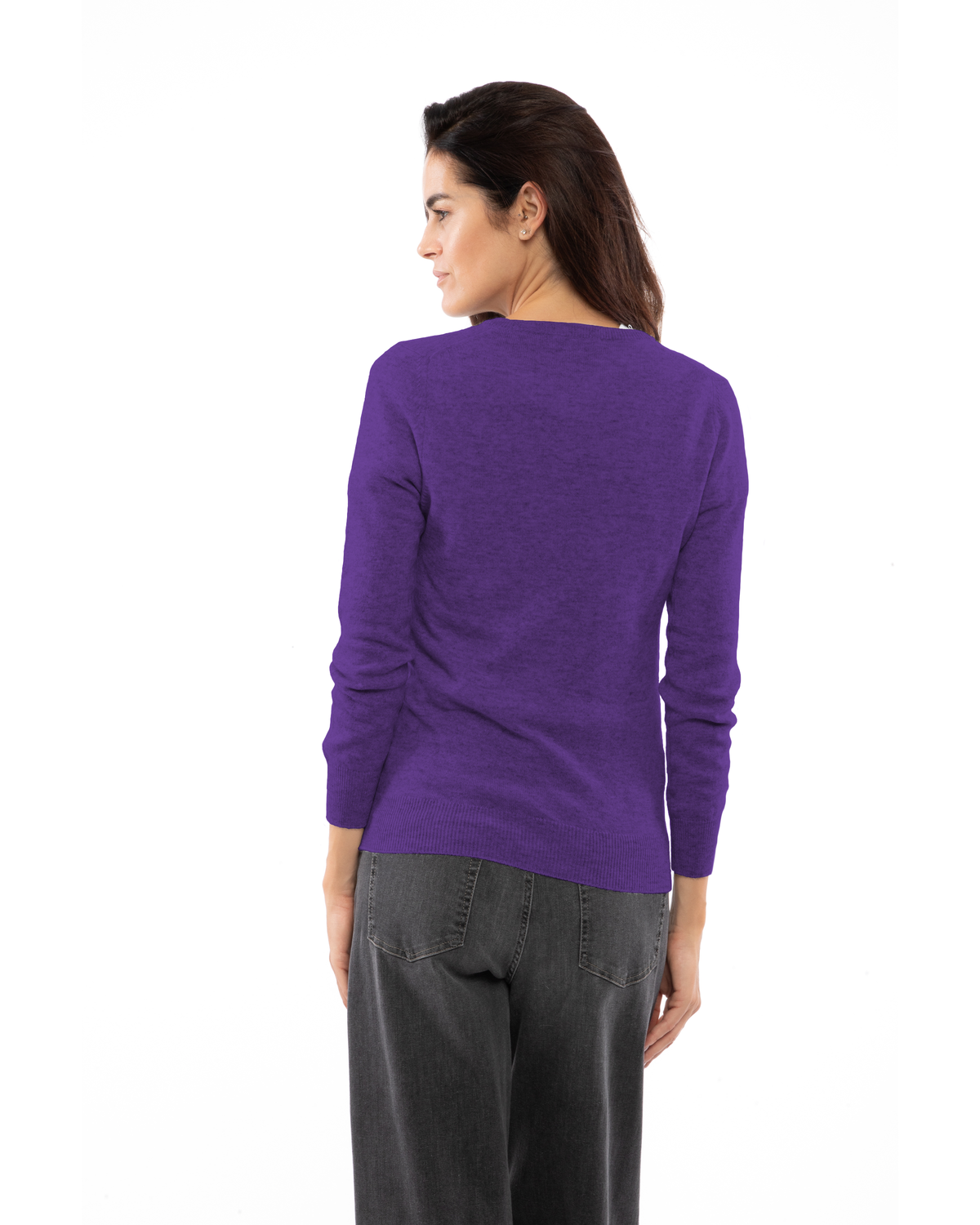 Iris Purple cashmere crewneck cardigan, rear three-quarter view on a model