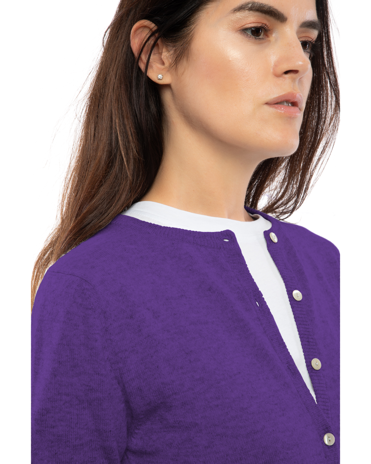 Iris Purple cashmere crewneck cardigan, close-up of the crew neckline and button placket