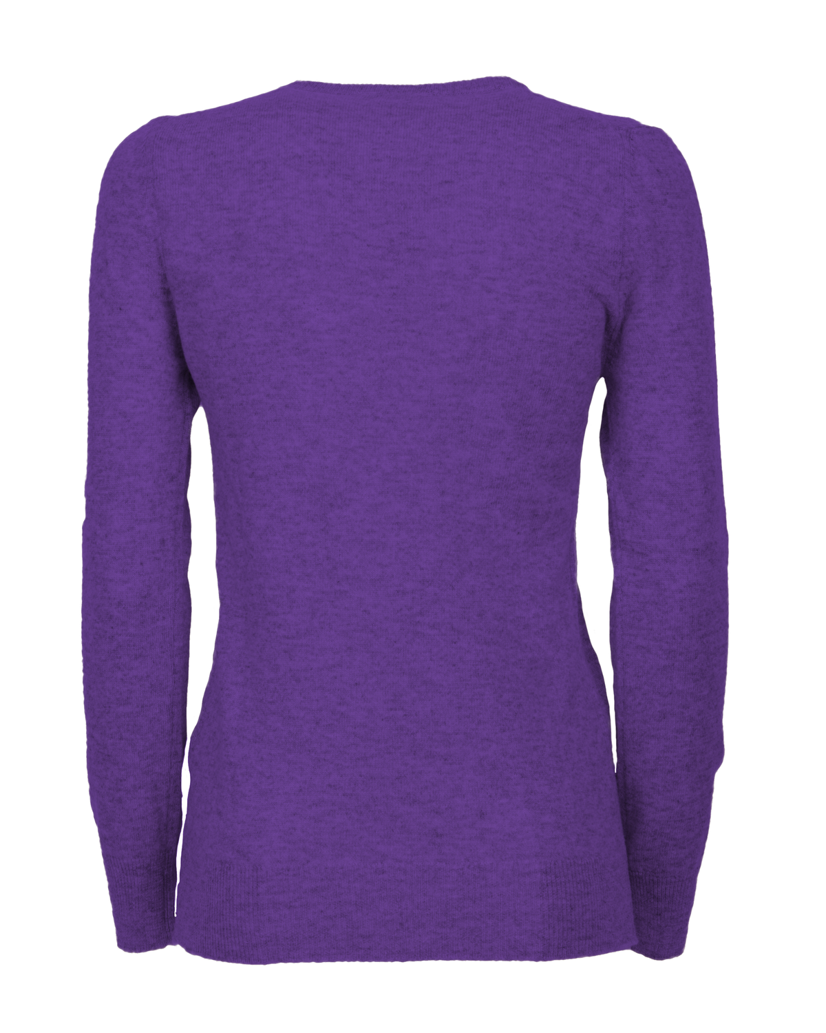 Iris Purple cashmere crewneck cardigan, back view showing the long sleeves and ribbed hem